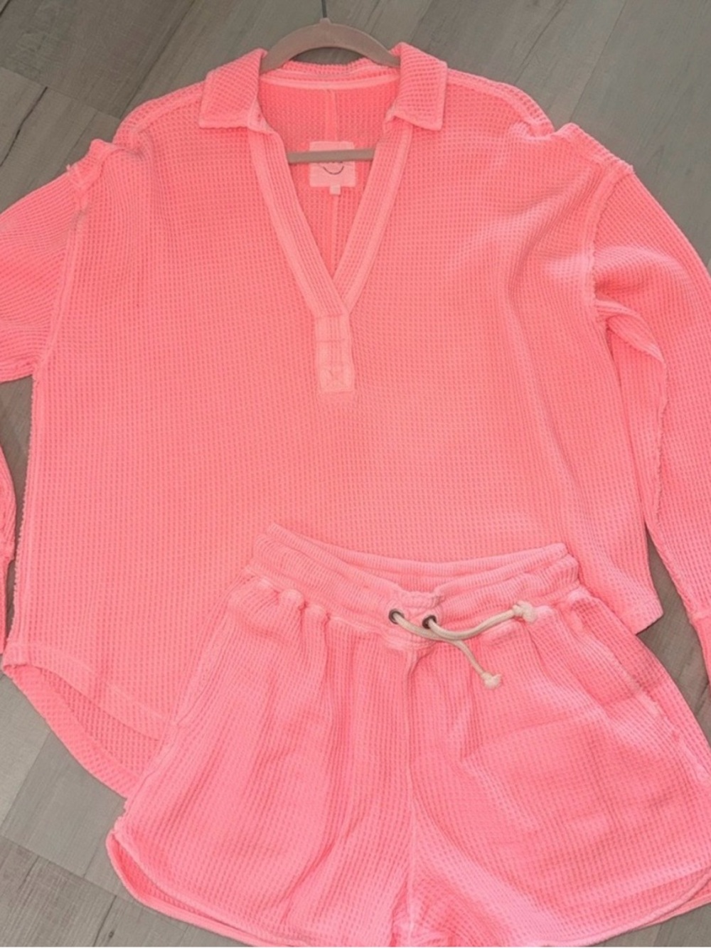 aerie Neon Pink Waffle Knit Loungewear Set